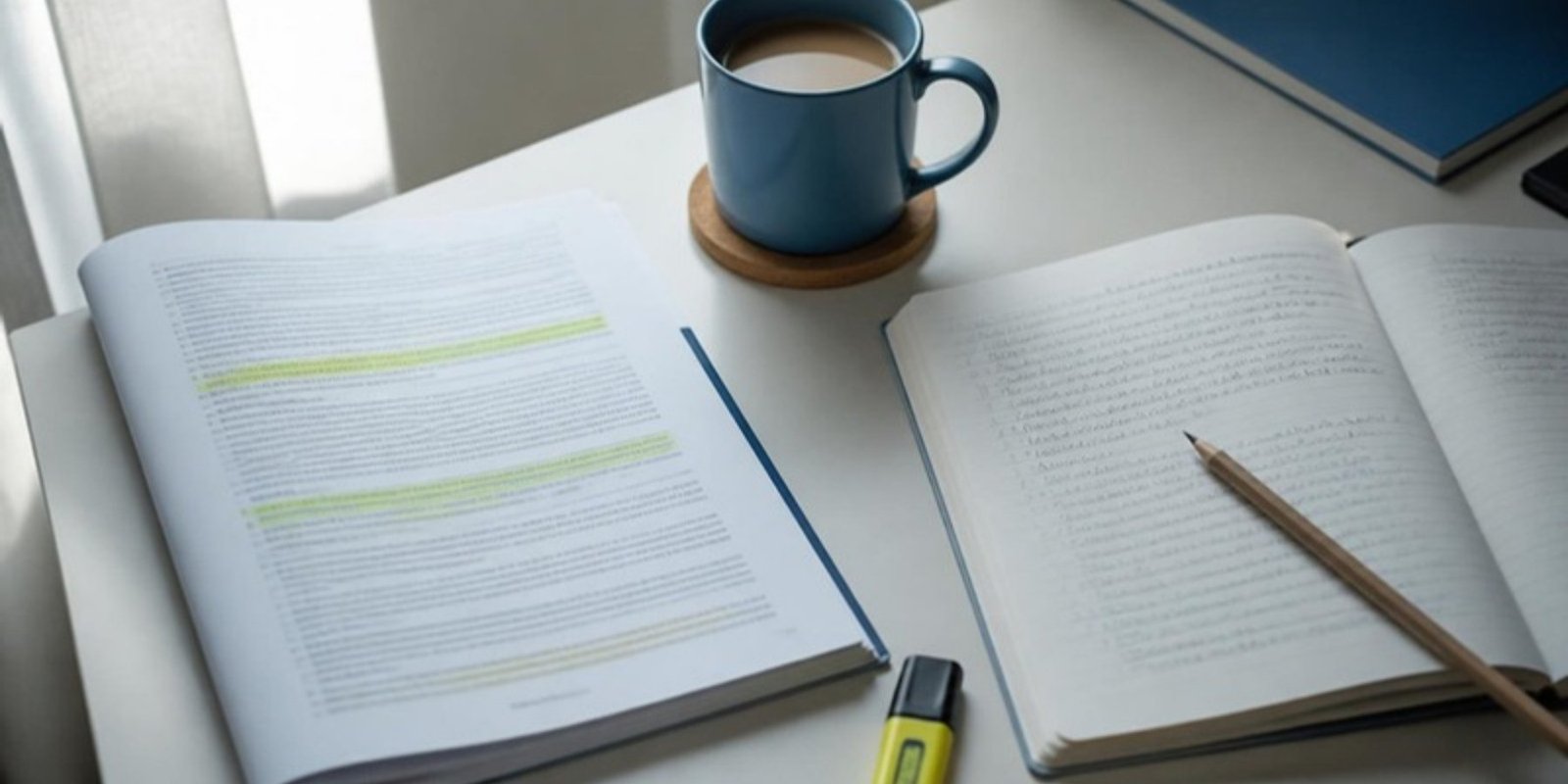 Mesa de estudo com prova de inglês, caderno aberto e marca-texto