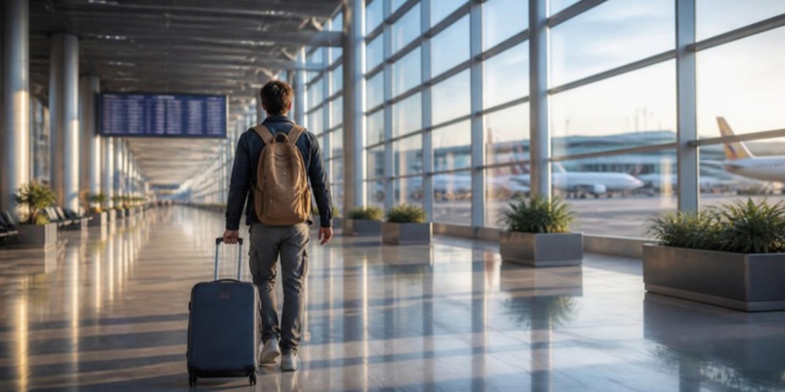 Viajante com mala caminhando em um terminal de aeroporto