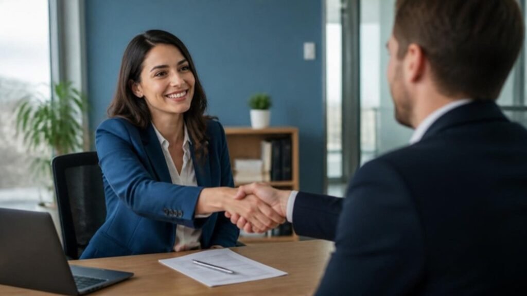 Candidata cumprimentando recrutador em uma entrevista de emprego