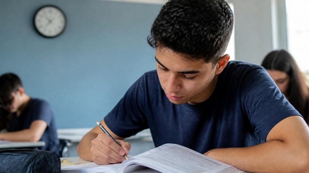 Estudante lendo e sublinhando um texto em inglês durante a prova