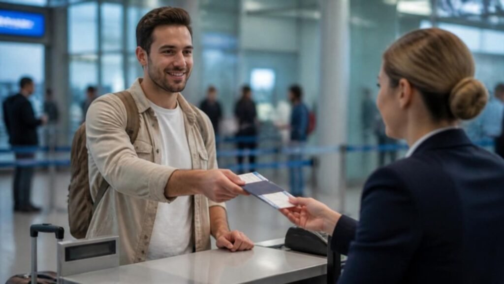 Viajante entregando passaporte no balcão do aeroporto