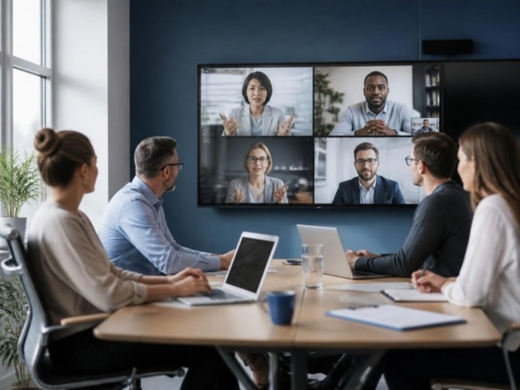 Equipe em sala de reunião fazendo videoconferência com colegas internacionais